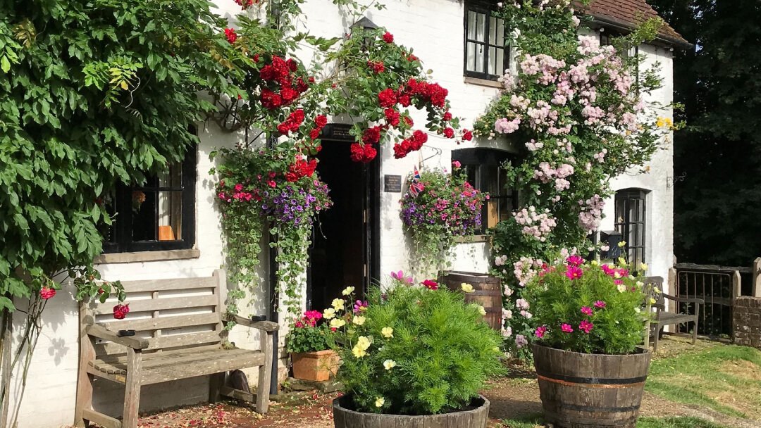 The Three Horseshoes pub exterior with vibrant hanging baskets of red and pink flowers, climbing roses, and colourful barrel planters in summer